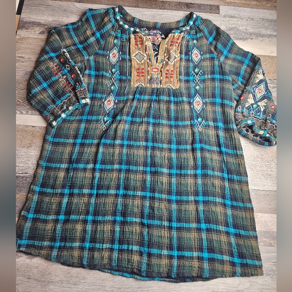 Johnny Was Workshop XL Blue Green Plaid Heavy Embroidery Aztec Western